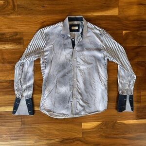 Sam Surin Custom Made White and Blue Stripe Dress Shirt size Large